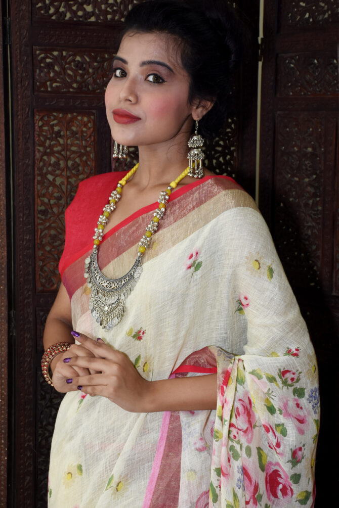 White and Red Aesthetic Floral Linen Saree