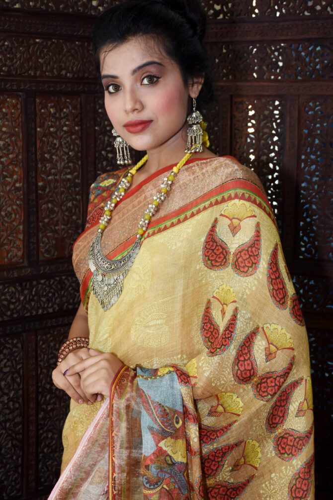 Elephant Design Linen Printed Saree
