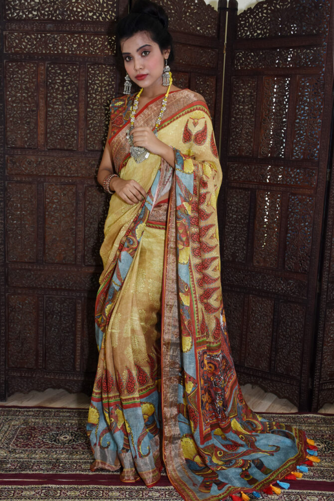 Elephant Design Linen Printed Saree