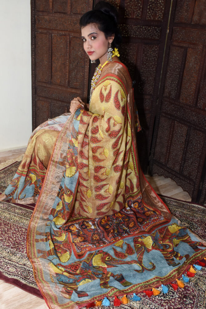 Elephant Design Linen Printed Saree