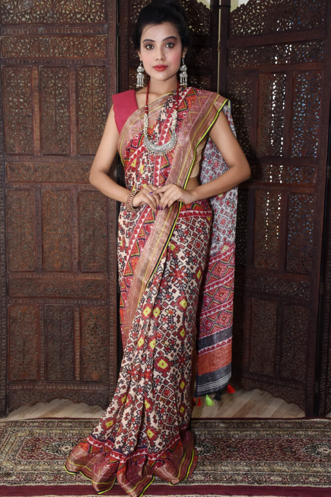 Patola Red and White Linen Digital Printed Saree