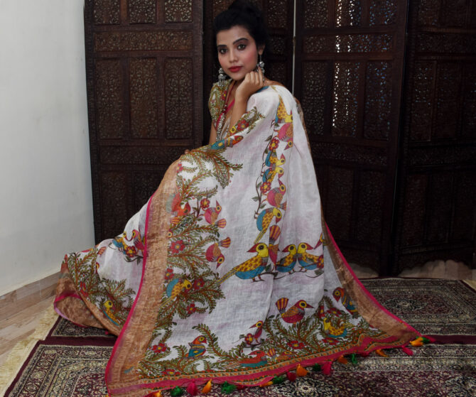 Pink and White Bird Print Linen Digital Printed Saree