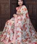 Peach and White Floral organza Digital Printed Saree