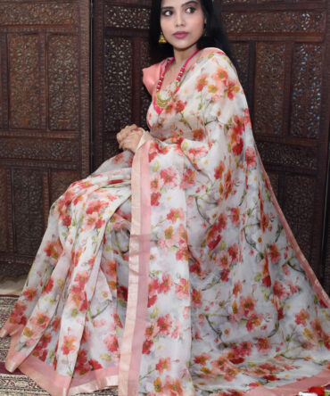 Peach and White Floral organza Digital Printed Saree