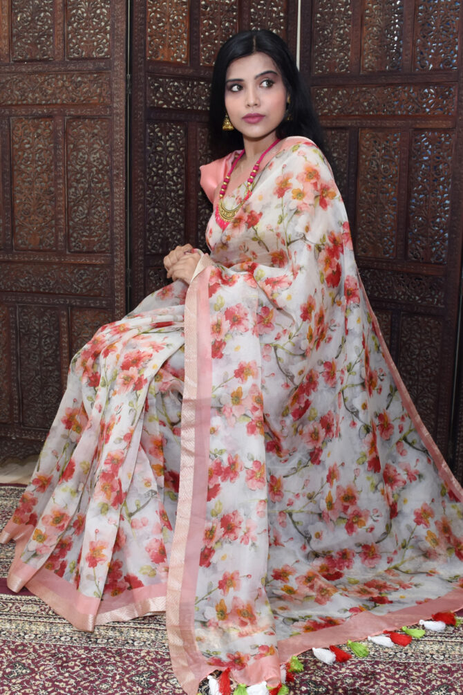 Peach and White Floral organza Digital Printed Saree