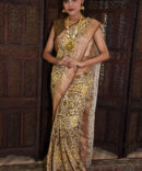Yellow and Brown Linen Digital Printed Saree
