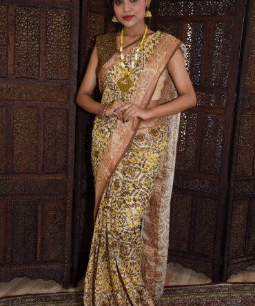 Yellow and Brown Linen Digital Printed Saree