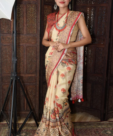 Biege Kalamkari Linen Digital Printed Saree