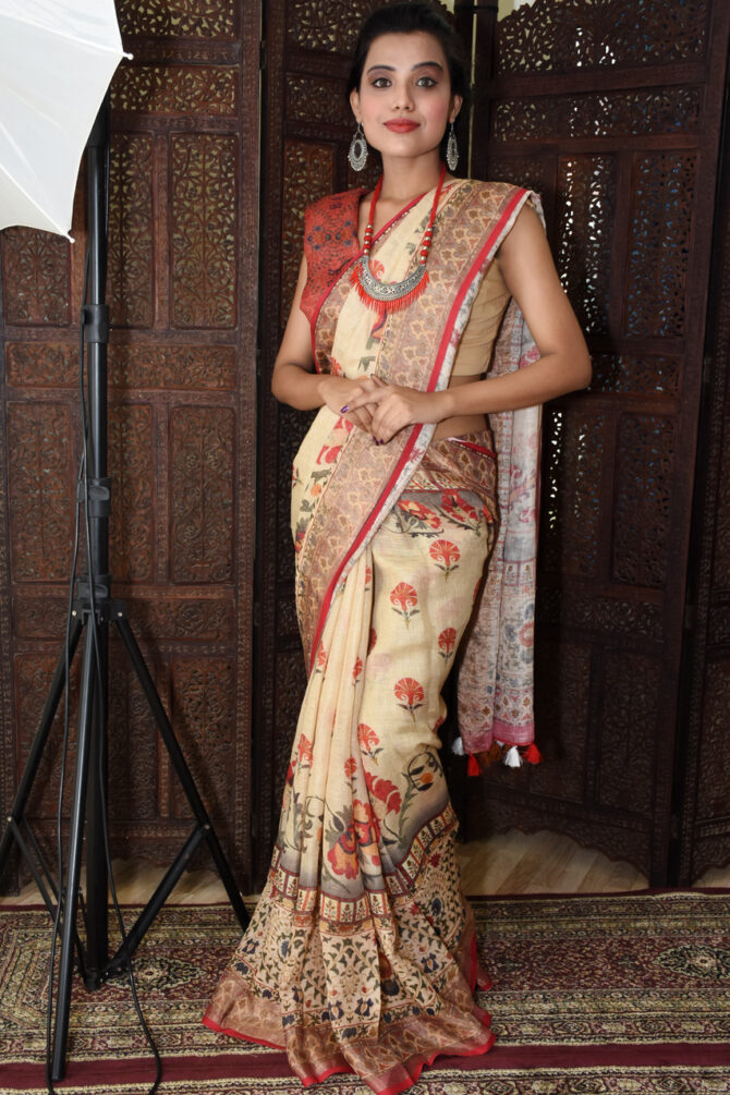 Biege Kalamkari Linen Digital Printed Saree