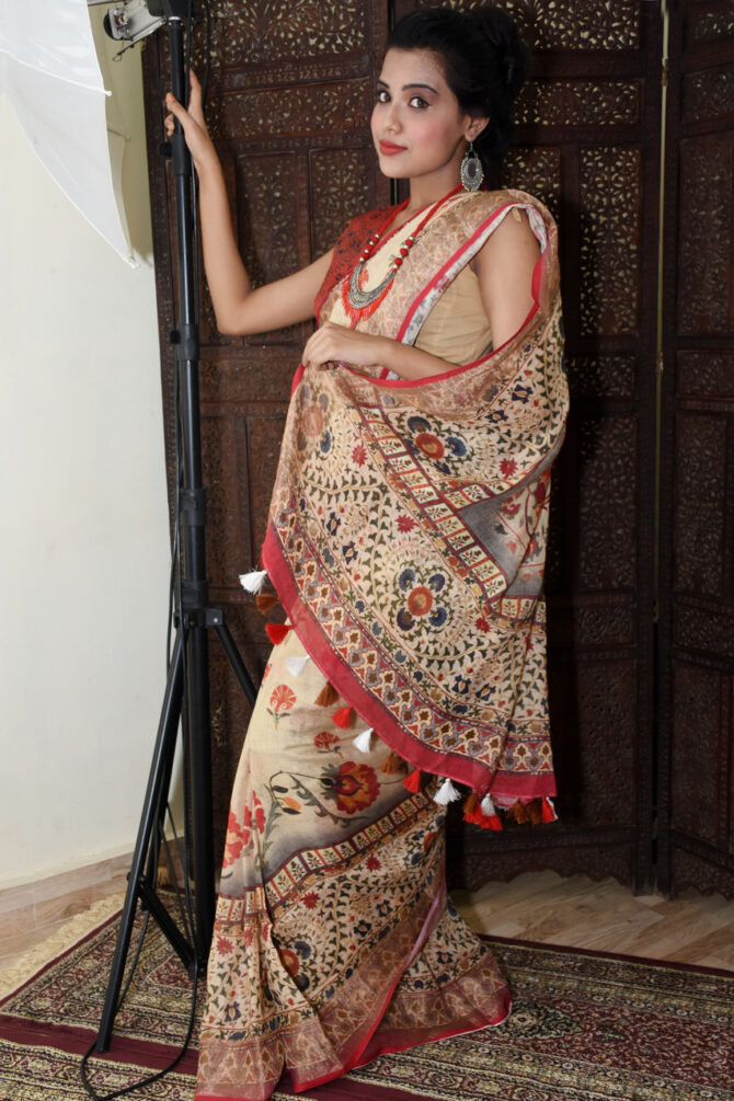 Biege Kalamkari Linen Digital Printed Saree