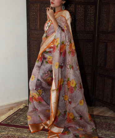 Rose Floral Organza Digital Printed Saree