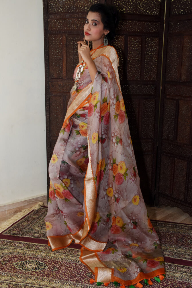 Rose Floral Organza Digital Printed Saree