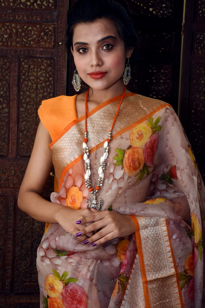Rose Floral Organza Digital Printed Saree