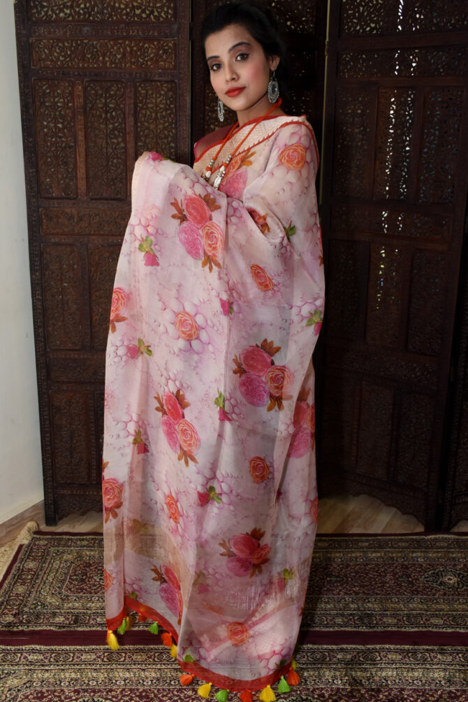 Shaded Pink Floral organza Saree