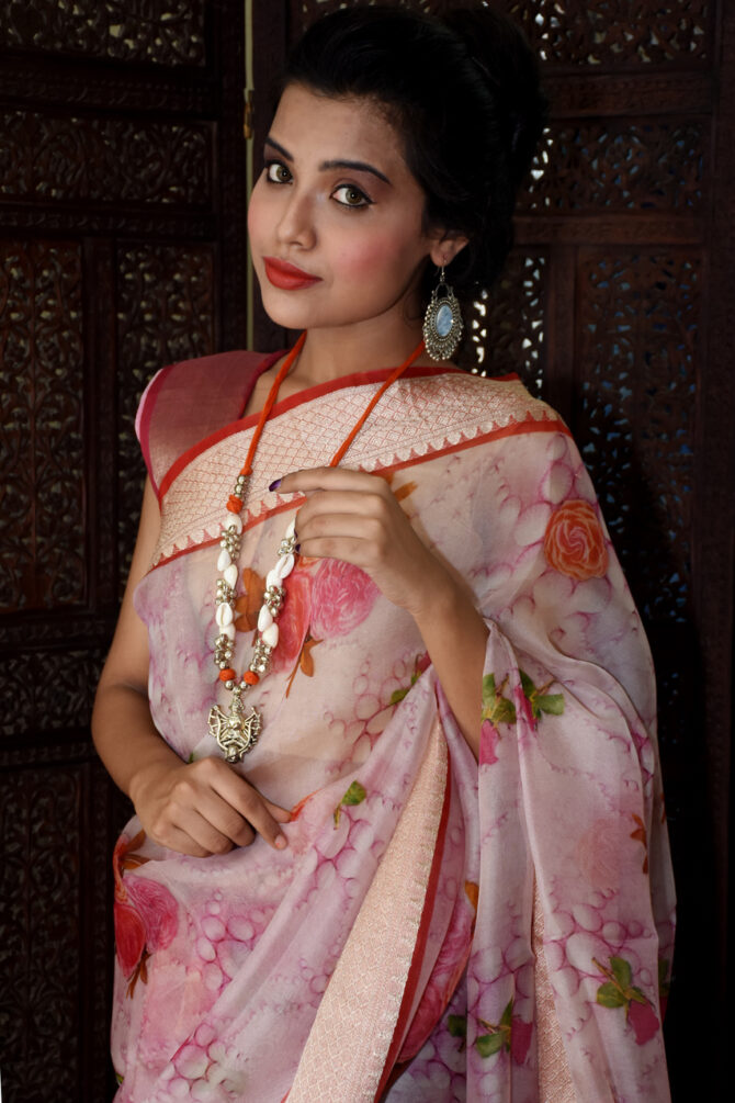 Shaded Pink Floral organza Saree