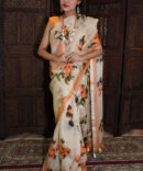 pastel Peach Floral Organza Printed Saree