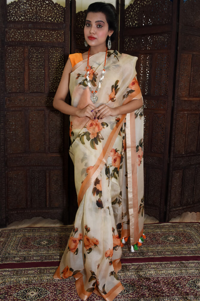 pastel Peach Floral Organza Printed Saree