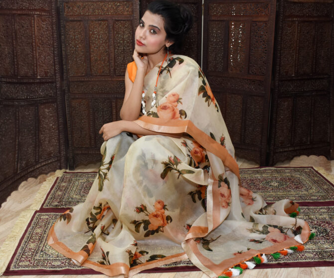 pastel Peach Floral Organza Printed Saree