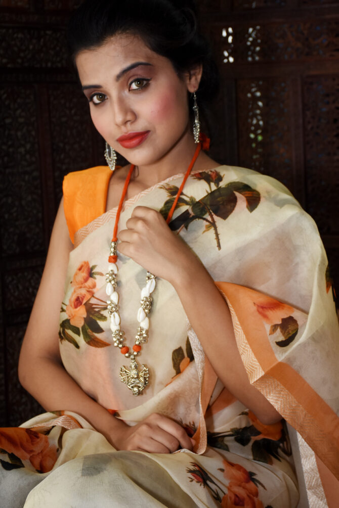 pastel Peach Floral Organza Printed Saree