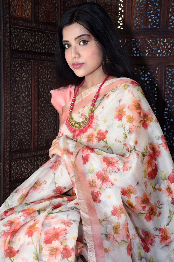 Peach and White Floral organza Digital Printed Saree