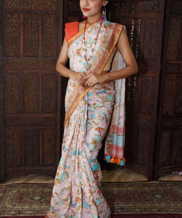 Multicolor Floral Linen Digital Printed Saree