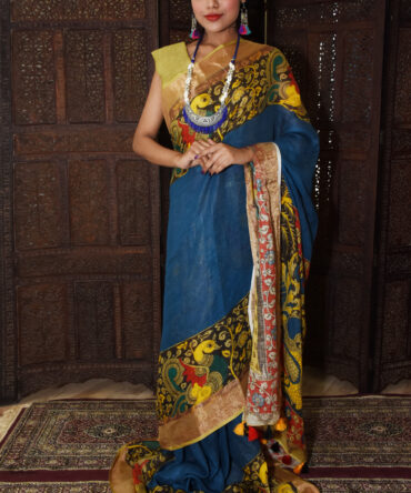 Kalamkari Blue Multicolor Linen Digital Printed Saree