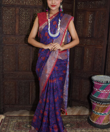 Red and Purple Floral Linen Digital Printed Saree