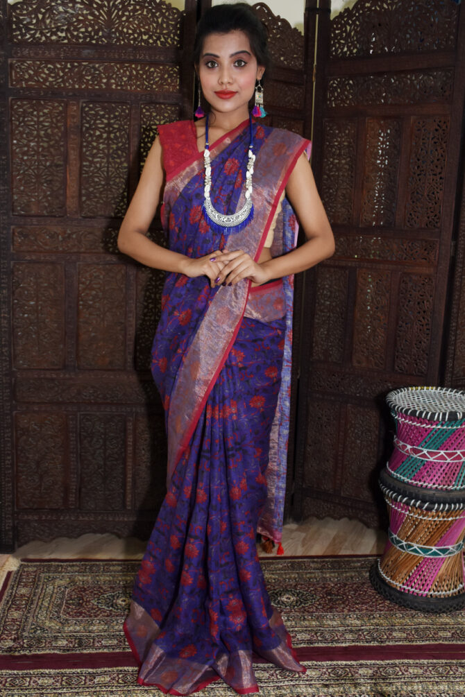 Red and Purple Floral Linen Digital Printed Saree