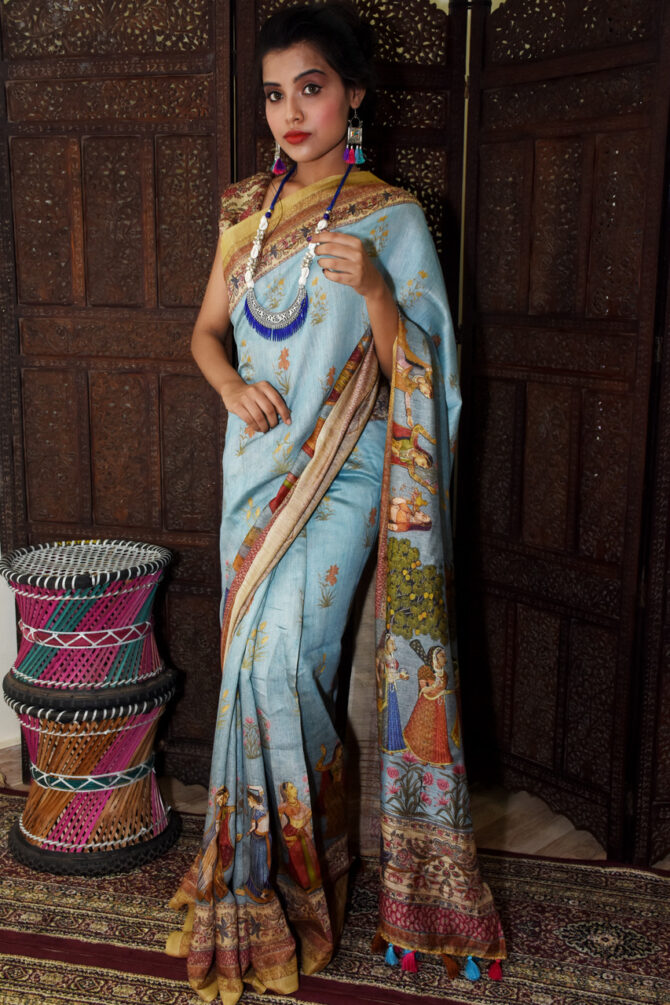Sky blue Kalamkari Linen Printed Saree