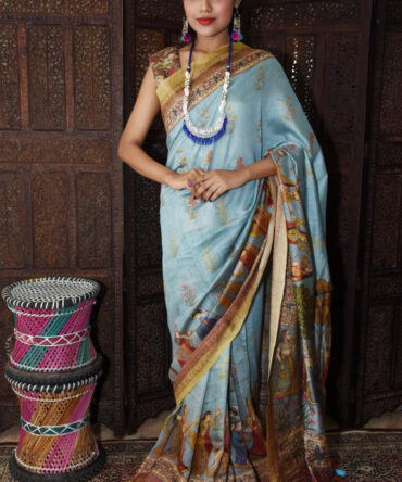 Sky blue Kalamkari Linen Printed Saree