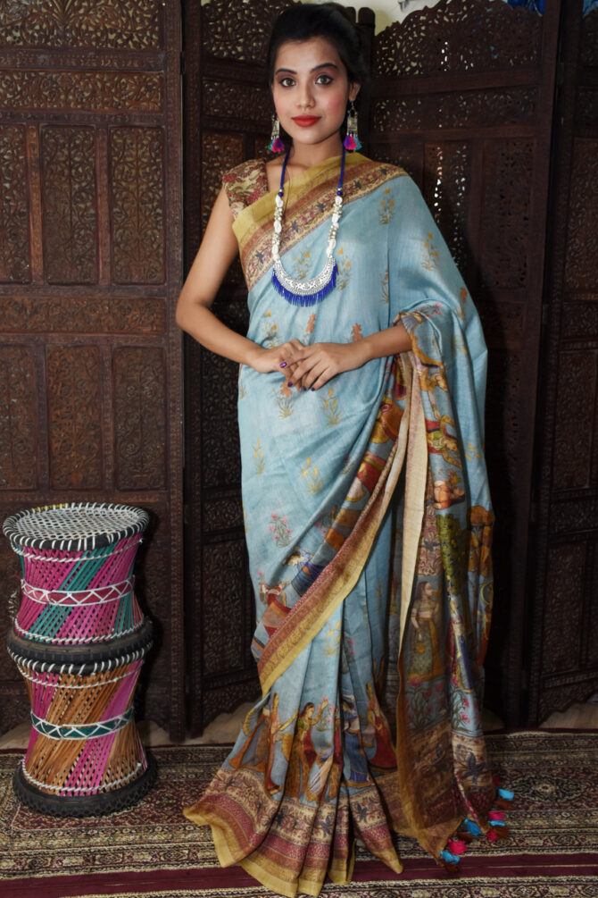 Sky blue Kalamkari Linen Printed Saree