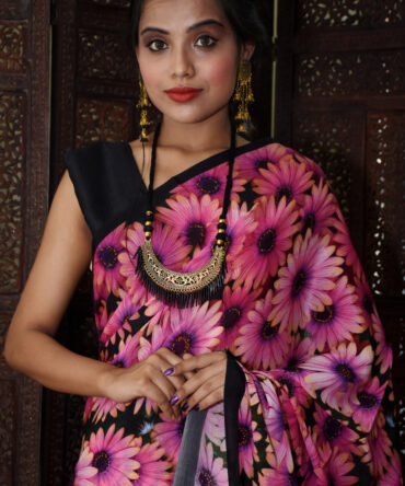 Pink Floral Crepe Sunflower Printed Saree