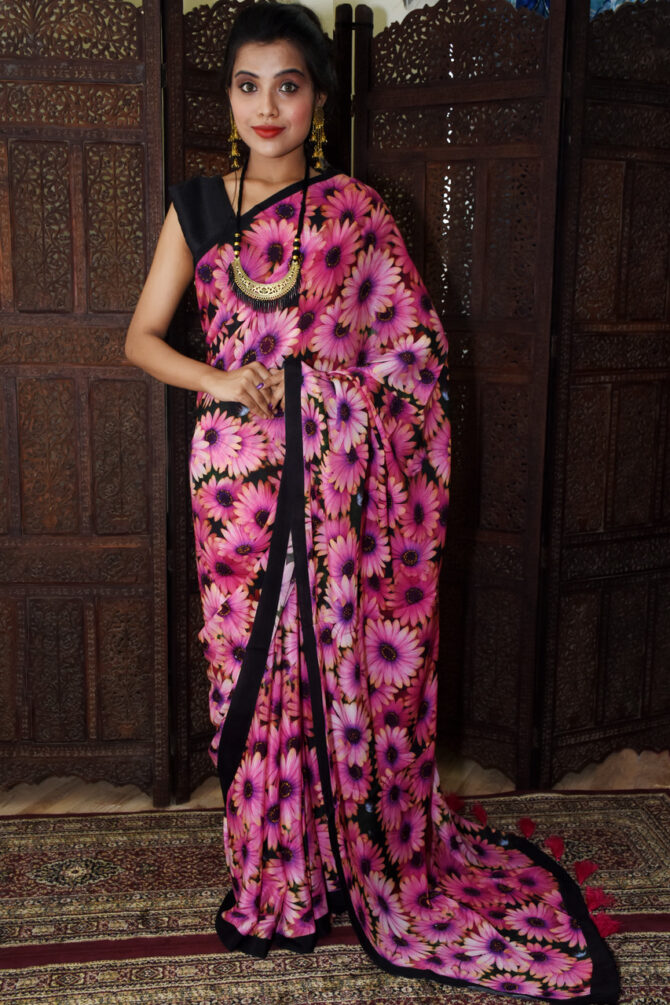 Pink Floral Crepe Sunflower Printed Saree