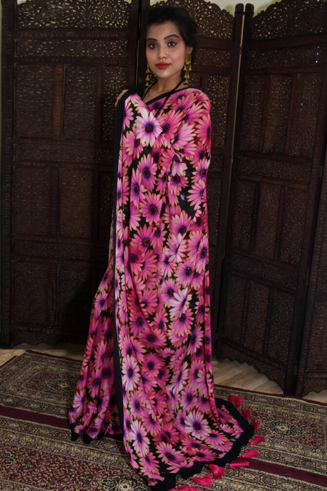 Pink Floral Crepe Sunflower Printed Saree
