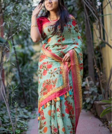UF Green Floral Digital Print Pure Linen Saree