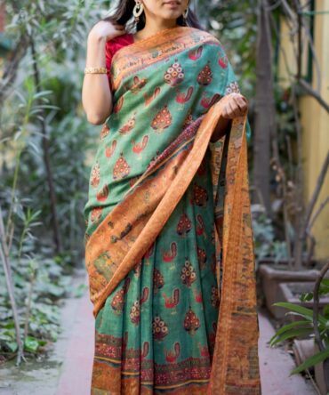 Green Kalamkari Digital Print Pure Linen Saree