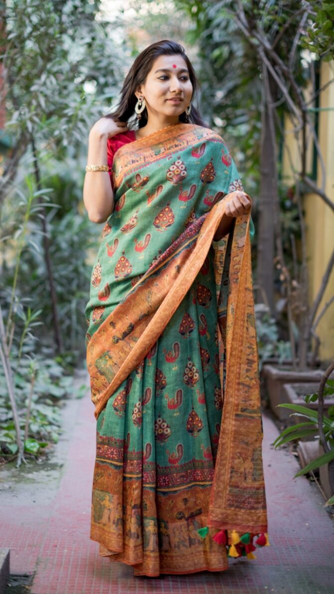 Green Kalamkari Digital Print Pure Linen Saree