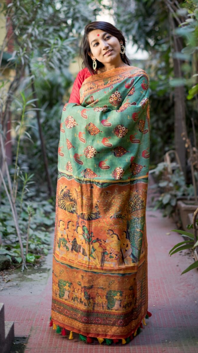 Green Kalamkari Digital Print Pure Linen Saree
