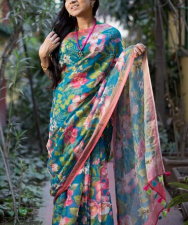 Blue Floral Digital Print Pure Linen Saree