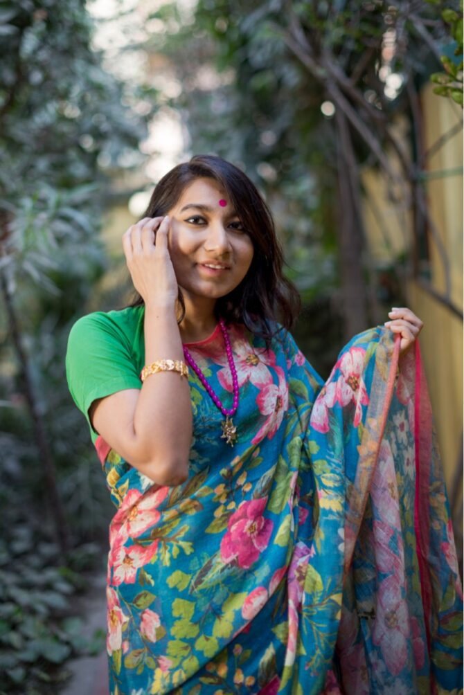 Blue Floral Digital Print Pure Linen Saree