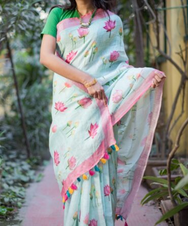 Sky Blue Floral Digital Print Pure Linen Saree