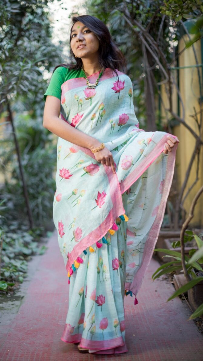 Sky Blue Floral Digital Print Pure Linen Saree