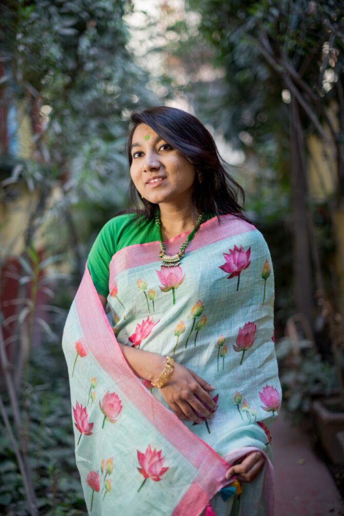 Sky Blue Floral Digital Print Pure Linen Saree