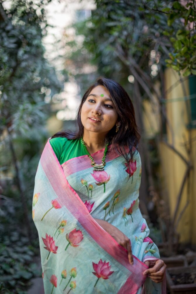 Sky Blue Floral Digital Print Pure Linen Saree