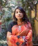 3D Orange Digital Print Pure Linen Saree