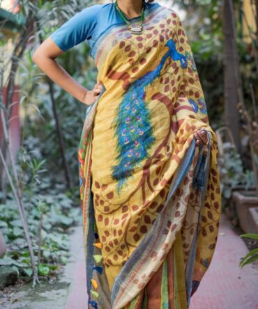 Yellow Kalamkari Digital Print Pure Linen Saree