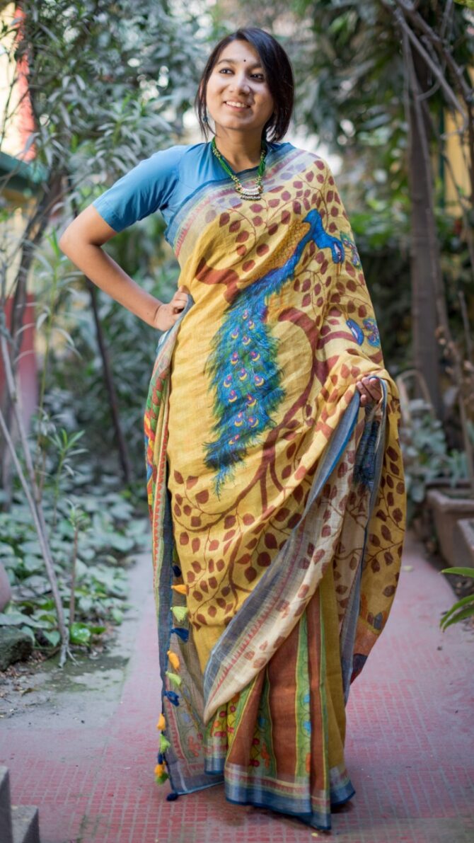 Yellow Kalamkari Digital Print Pure Linen Saree
