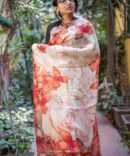 UF Offwhite Floral Digital Print Pure Linen Saree