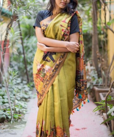 UF Olive Kalamkari Digital Print Munga Silk Saree