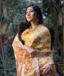 Yellow Floral Digital Print Pure Linen Saree